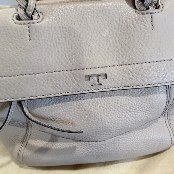 Tory Burch Pebbled Leather Half Moon Satchel, Taupe, Braided-Handle, Two-Way - Picture 2 of 7